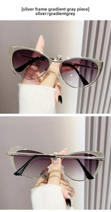Detailed view of silver cat-eye metal frame with gradient grey lenses from front and back