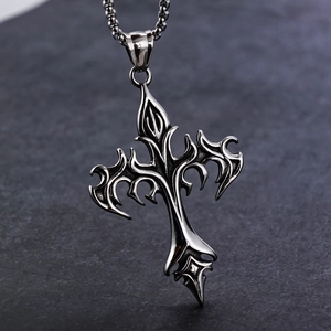 Gothic Cross Pendant Necklace Stainless Steel Vintage Flame Tribal Style Punk Jewelry For Men