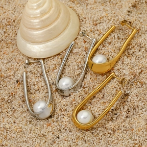 Geometric U-Shaped Earrings With Stainless Steel And Artificial Pearl Simple High-End Vintage Style For Women Hypoallergenic