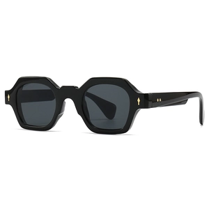 Retro black hexagonal narrow frame sunglasses with vintage gold rivet accents for fashion