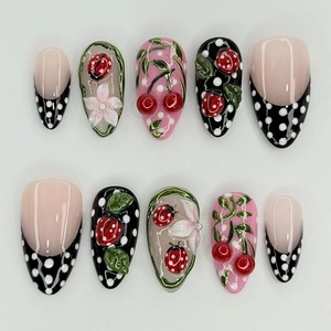 Almond Press On Nails Ladybug Polka Dot 3D Floral Cherry French Style ABS Plastic Reusable DIY Manicure For Women