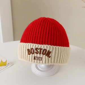 Close-up of Boston embroidery and red color-blocking on winter knitted beanie cap