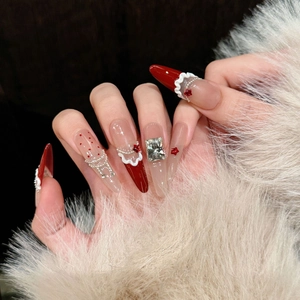 Handmade French Red Stiletto Press On Nails With Rhinestone Chains And Stars For Christmas New Year Women Decorative Fake Nails