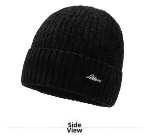 Detail of black knit beanie with thick texture and white Lettuec letter embroidery