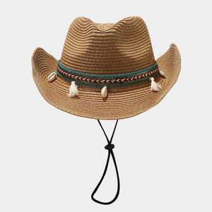 Bohemian straw sun hat with shell trim and woven band for summer beach vacations