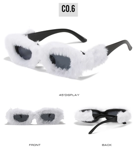 Three angles of square sunglasses featuring distinctive white faux fur trim and black frames