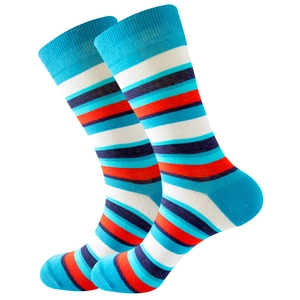 Classic striped cotton mid-calf socks with blue and orange patterns on white background
