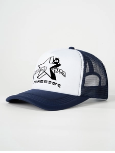 Close-up of trucker hat featuring breathable navy mesh and star bear graphic print