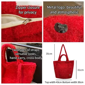 Red plush tote bag with faux fur texture featuring zipper closure and dimensions display