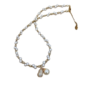 Elegant French vintage style pearl necklace with sparkling zircon gourd pendant and gold beads