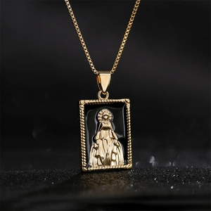 18K gold plated necklace with a rectangular black pendant featuring a religious relief