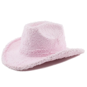 Pink faux rabbit fur cowboy hat for women with wide brim and soft fuzzy texture