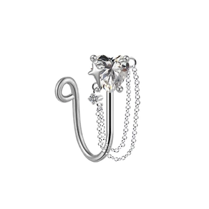 Silver non-pierced heart nose ring with star pendant and cascading fringe metal chains