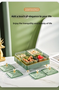 Detail of emerald green divided snack tray with transparent textured lids and crystal handles