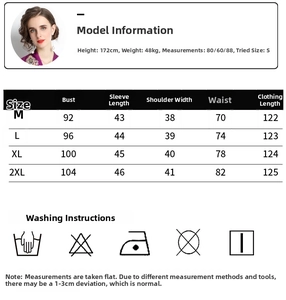 Detailed size chart and washing instructions for French V-neck waist-fitting dress