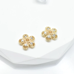14K gold plated four-leaf clover flower bead caps with sparkling crystals for DIY jewelry
