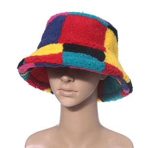 Colorful patchwork faux fur bucket hat featuring a vibrant pop art style plush design