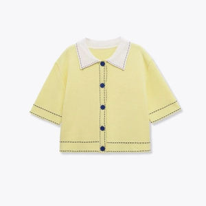 Knit Cardigan Short Sleeve Women Contrast Polo Collar Contrast Stitching Button Up Casual Top Pale Yellow Elegant