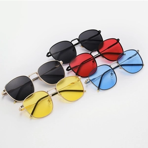 Multiple stylish square metal sunglasses in black, red, blue, and yellow lenses