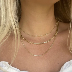 Detailed close-up of 18K gold-plated triple layer necklace with paperclip and box chains