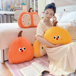 Cute cartoon pumpkin plush pillow with soft fabric and expressive face for home decor