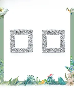 Close-up of minimalist S925 sterling silver square stud earrings with pavé cubic zirconia
