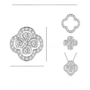 Macro detail of silver four-leaf clover pendant with zircon inlay and product dimensions