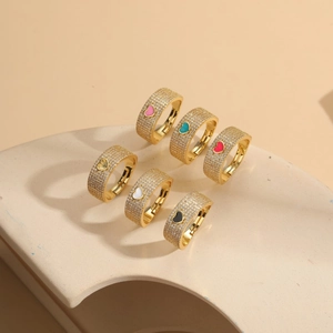 14K gold plated open rings with colorful enamel hearts and sparkling zircon stones