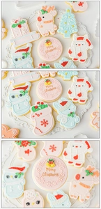 Detailed view of colorful Christmas icing cookies including reindeer and snowman shapes
