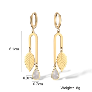 Detail showing 6.1cm gold leaf earrings with white shell teardrops and dimensions