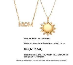 Detail of gold stainless steel MOM letter and sunflower pendants with size measurements