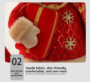 Detailed close-up of red sequin fabric and golden snowflake on Santa plush toy