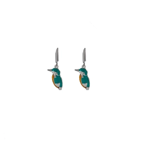 Detail of kingfisher bird earrings with green and orange enamel on silver hooks