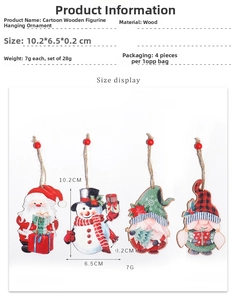 Detail view of wooden Christmas ornaments featuring Santa and Snowman with dimensions
