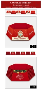 Detail of red Christmas tree collar with Santa pattern and golden ribbon accents