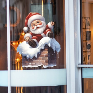 Cartoon Santa Claus on snowy roof chimney self-adhesive Christmas glass window sticker