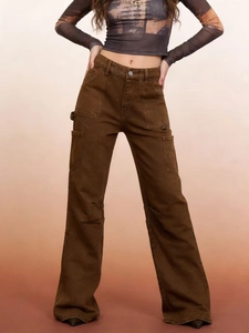 Women Vintage Brown Denim Cargo Pants Multi Pockets Wide Leg Low Waist Distressed Casual Streetwear Jeans