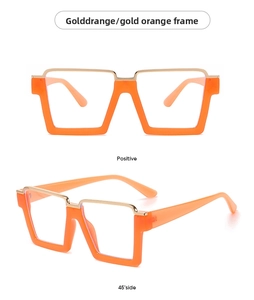 Front and side views of square golden and orange frame glasses for fashion styling