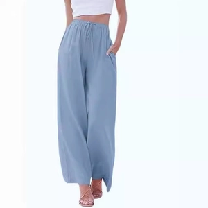 Women's casual loose wide-leg trousers in light blue with adjustable drawstring waist