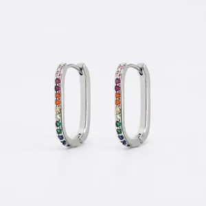 Fashion geometric silver plated rectangular hoop earrings with colorful rainbow cubic zirconia
