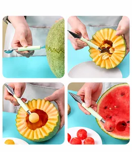 Multi-purpose stainless steel fruit carving tool and melon baller scoop in use