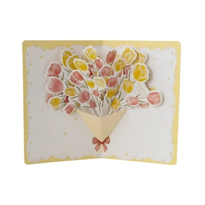 3D pop-up greeting card featuring a bouquet of yellow and orange tulips with red bow
