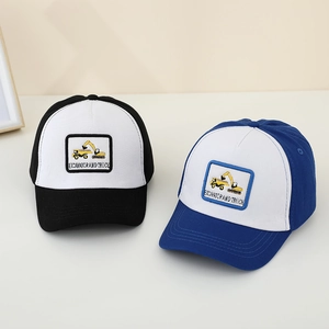 Detailed close-up of excavator and truck embroidery on a kids' baseball cap