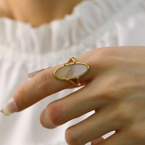 18K gold titanium steel ring with an oval shell inlay worn on a model hand