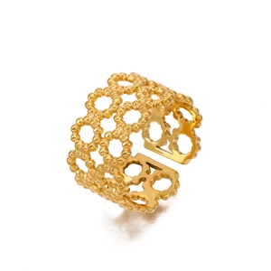 French vintage double layer geometric mesh gold ring with adjustable open band for women