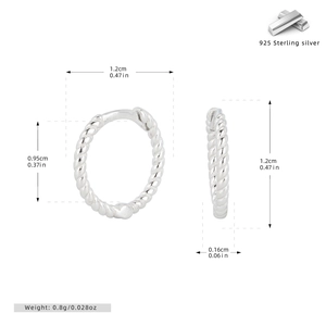 Detailed size chart for S925 sterling silver twisted hoop earrings with dimensions