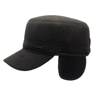 Mens winter flat top cap with earflaps in dark grey wool blend for cold weather