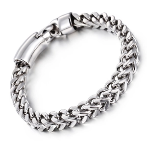 Titanium steel V-shaped men's bracelet with silver woven wheat chain and clasp closure