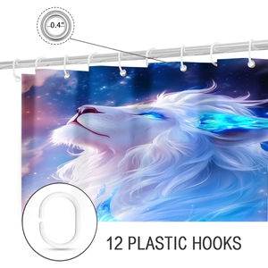 Detail of magical white lion shower curtain featuring 12 hooks and 0.4 inch metal eyelets