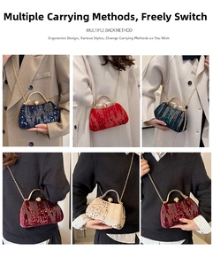 Detail of sequin evening clutch bags with metallic handles in various elegant colors